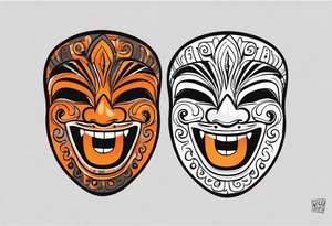 Laughing Mexican mask that is orange and black simplistic tattoo idea