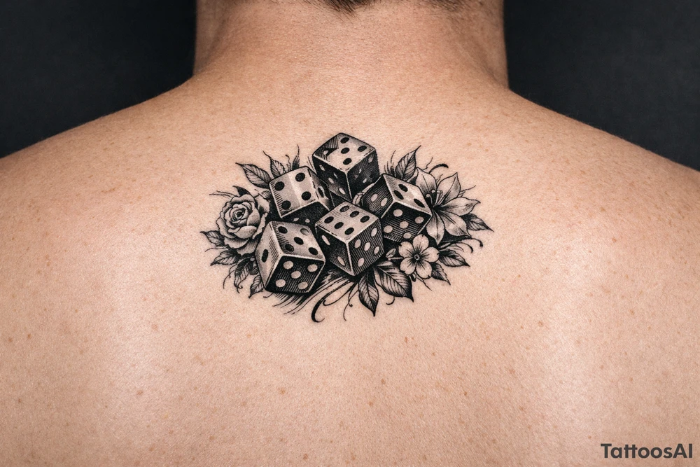 Close-up of five vibrant dice falling, delicate floral accents. tattoo idea