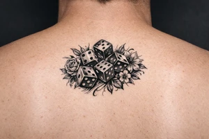 Close-up of five vibrant dice falling, delicate floral accents. tattoo idea