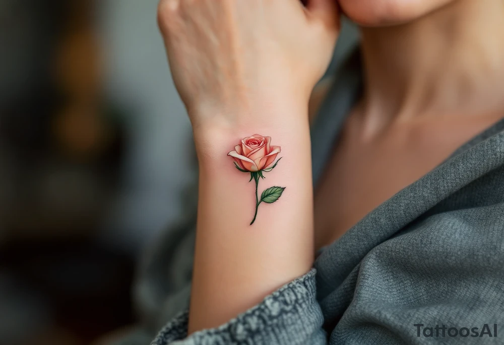 Tiny rosebud in pale peach, partially closed with soft green sepals, delicate and feminine. tattoo idea
