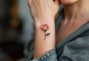Tiny rosebud in pale peach, partially closed with soft green sepals, delicate and feminine. tattoo idea