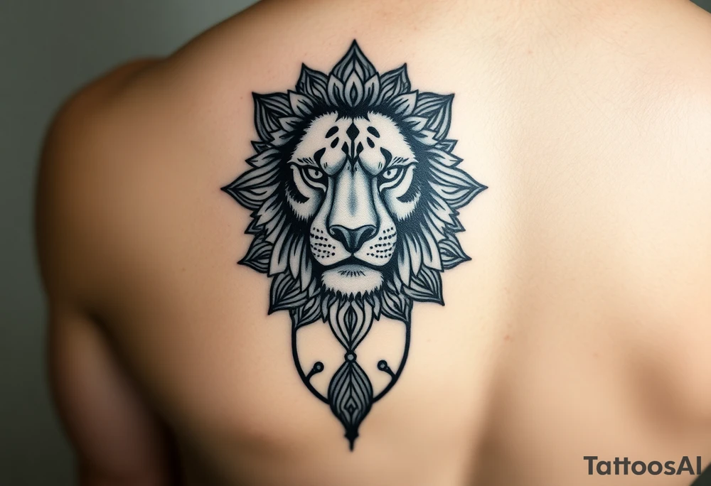 Detailed realistic lion head with mandala patterns around it that covers the hand and a small part of the fingers. tattoo idea