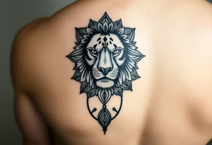 Detailed realistic lion head with mandala patterns around it that covers the hand and a small part of the fingers. tattoo idea