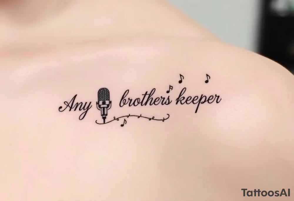 A microphone wire writing the words “My brothers keeper” and music notes tattoo idea
