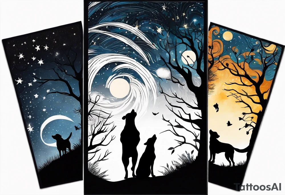 3 black silhouettes of dogs looking up at the night sky tattoo idea