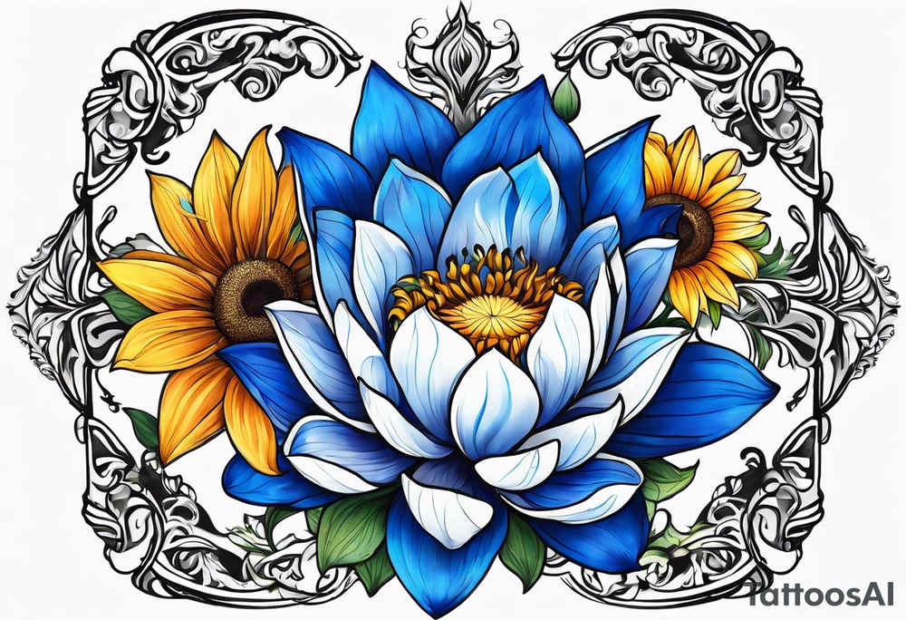 Blue lotus, sunflower, and fire lily flowers representing the holy trinity tattoo idea