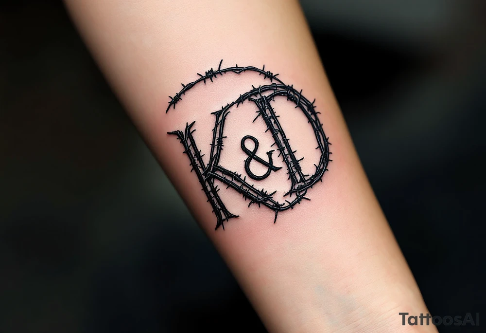 Barbed Wire Monogram – Steel gray “K + D” wrapped loosely in a fine barbed wire motif, giving it a rough edge. tattoo idea