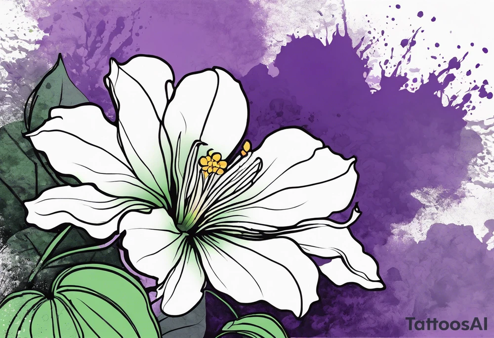 An outline of a rio dipladenia flower with a mystical green/purple watercolor splash in the background tattoo idea