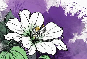 An outline of a rio dipladenia flower with a mystical green/purple watercolor splash in the background tattoo idea