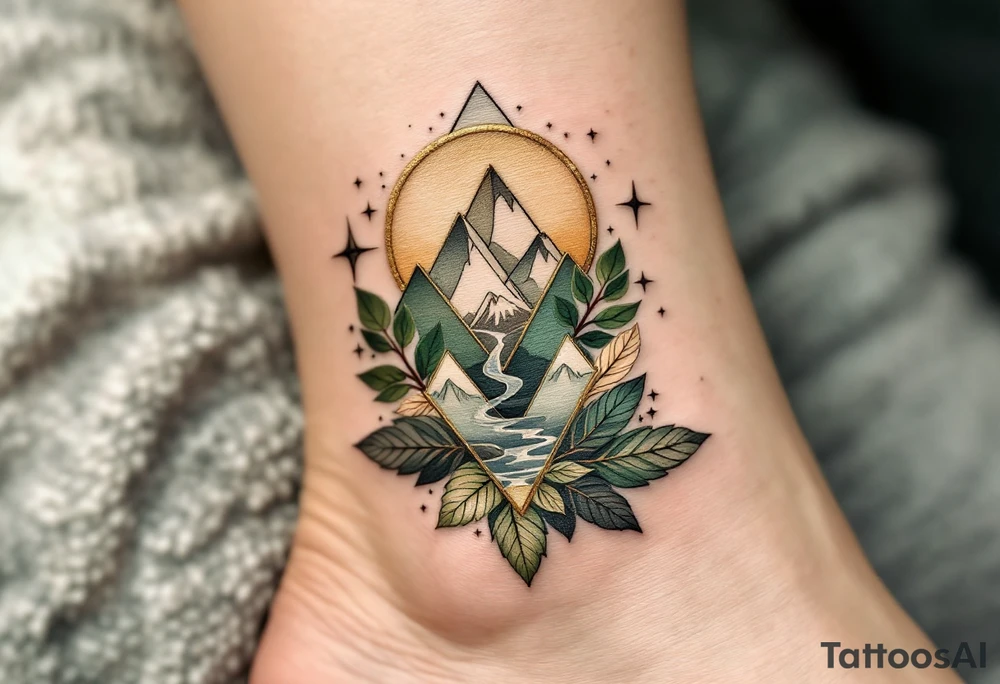 A modern geometric Virgo design, featuring earth elements like mountains, leaves, and flowing water. The tattoo is crafted in olive green, warm beige, and gold accents, emphasizing Virgo’s deep-rooted connection to nature and wisdom. tattoo idea