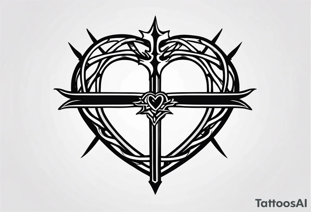 A simple design of a crown of thorns resting on the guard of a sword that is piercing a heart tattoo idea