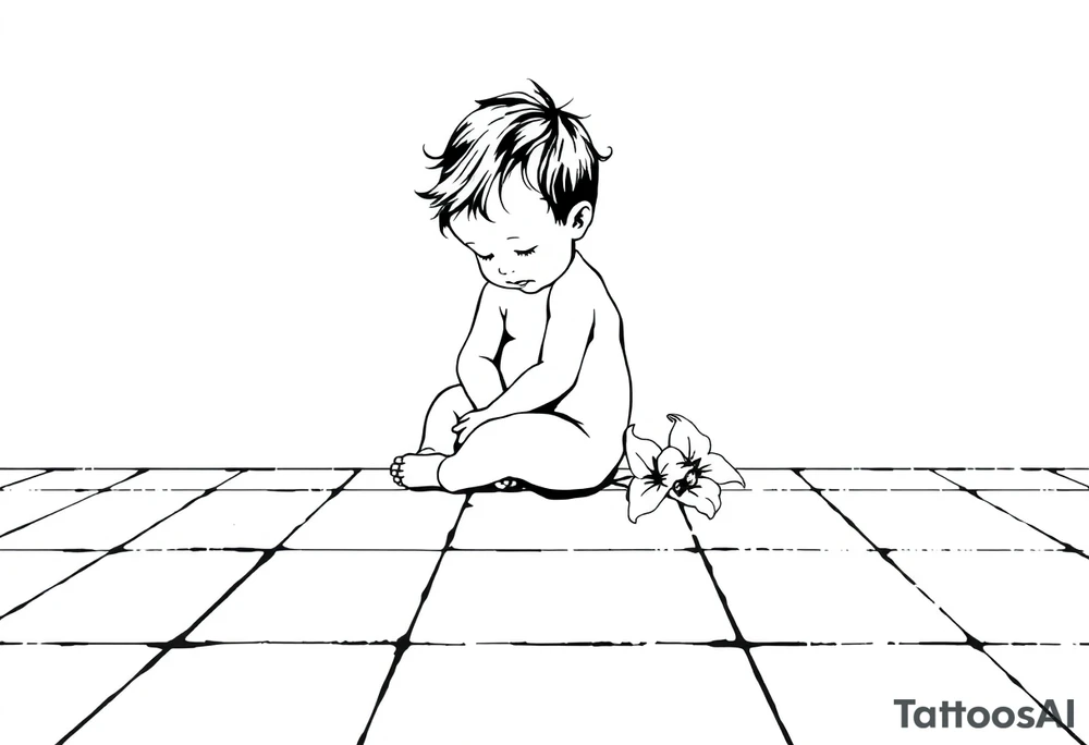 A simple tile floor with a minimalist outline of a curled child sitting on the floor with a lily next to her tattoo idea
