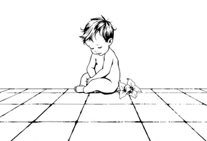 A simple tile floor with a minimalist outline of a curled child sitting on the floor with a lily next to her tattoo idea