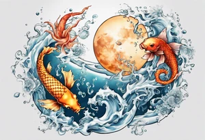 Water scene, featuring koi karp, jellyfish, seahorses and the moon. With nods to Pisces. tattoo idea