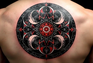 A black and crimson protective circle with mirrored crescent moons and protective sigils inside. tattoo idea