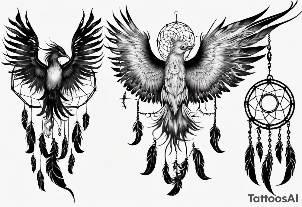 Fire Phoenix flying blending into dream catcher tattoo idea