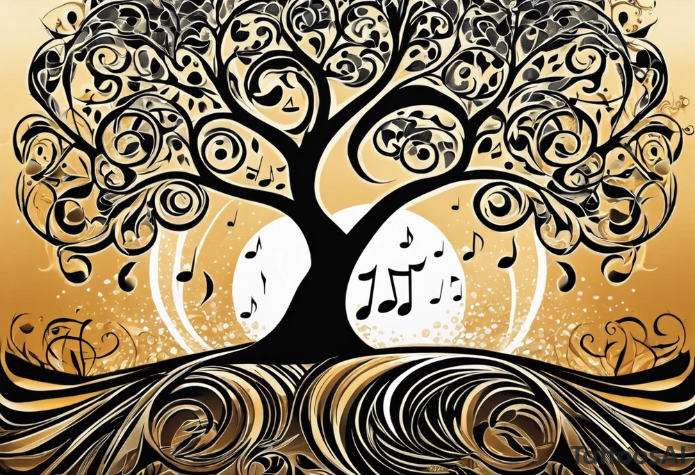 A tattoo design that incorporates the following elements: an abstract tree of life that has roots emerging  from the ground. Waves of water wrap around the tree in a non symmetrical design.  Incorporate musical notes into the tree. the letters U and A are overlapping and engraved into the tree. A golf flag incorporated but not prominent tattoo idea