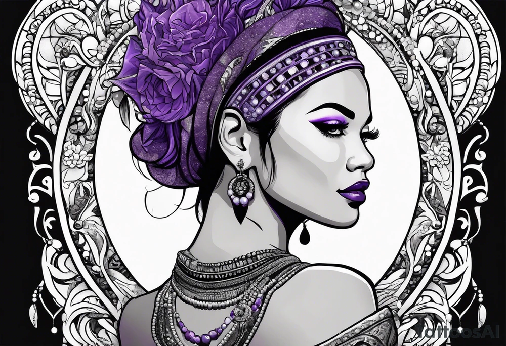woman wearing bead headband, standing next to magical purple buffalo tattoo idea
