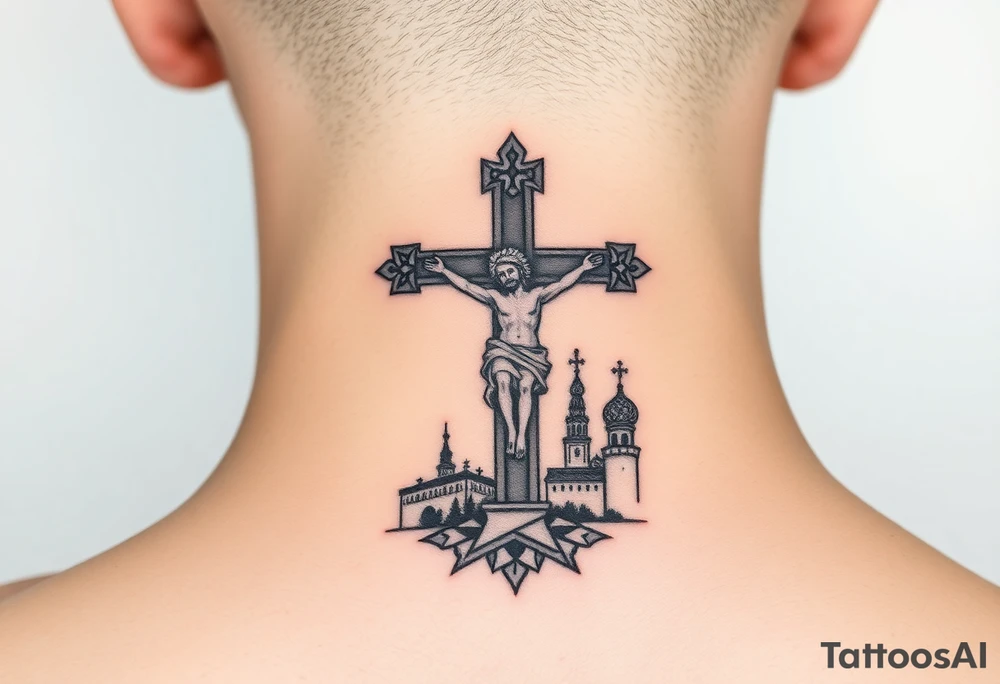 Traditional orthodox ICXC Christian cross with an orthodox Jesus Christ on the cross in a wilderness Russian Kremlin setting tattoo idea