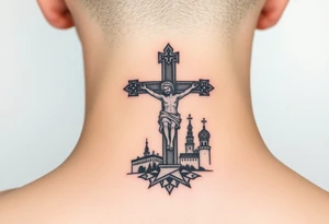 Traditional orthodox ICXC Christian cross with an orthodox Jesus Christ on the cross in a wilderness Russian Kremlin setting tattoo idea