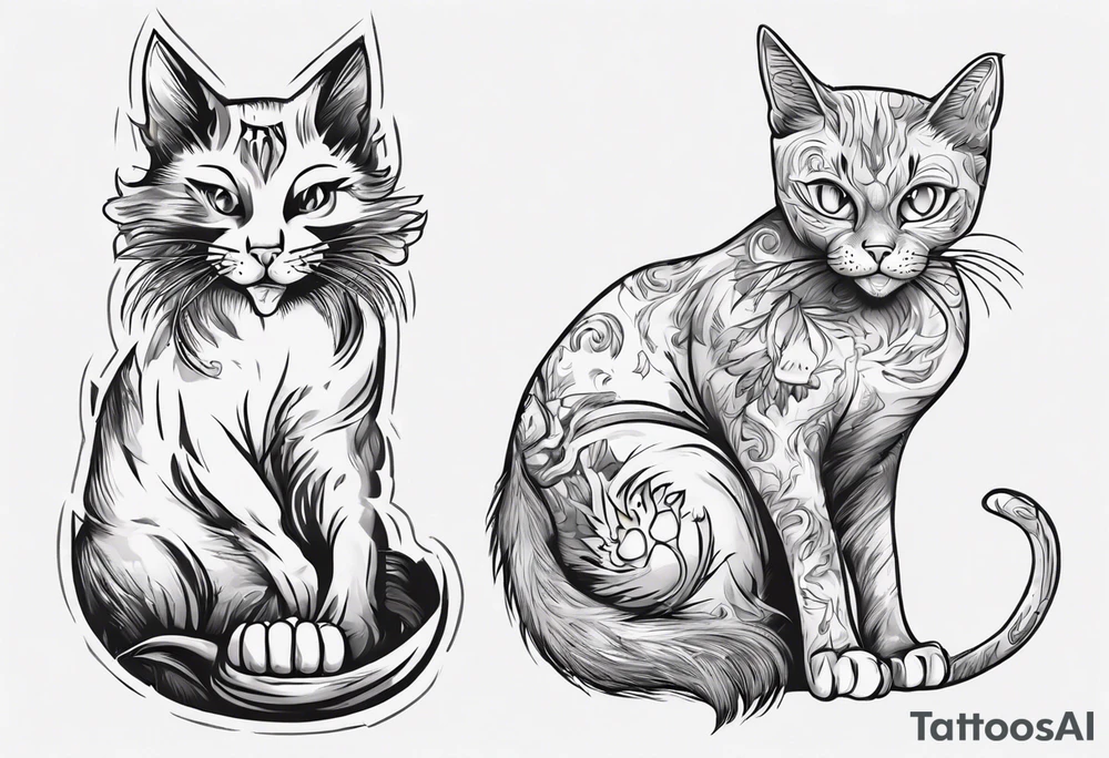 Maine coon cat and a grey cat with extra toes playing together tattoo idea