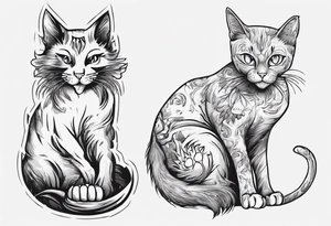 Maine coon cat and a grey cat with extra toes playing together tattoo idea