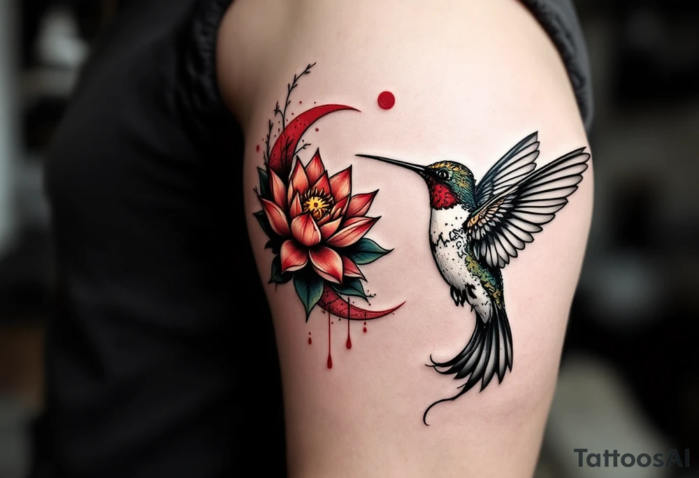 A hummingbird drinking from a lotus flower with one wing made of light (sun disc) and the other made of shadow (crescent moon) (red and black only) tattoo idea