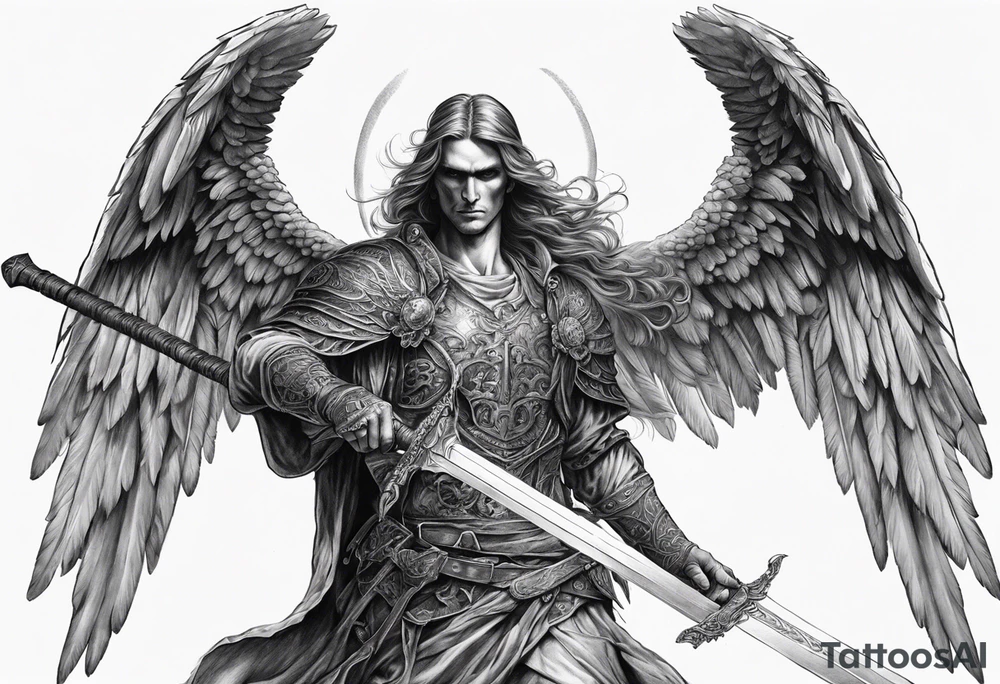 realistic angel of death, full man body, without face, holding one sword in both hands, sword pointing downwards, skulls lying on the ground tattoo idea