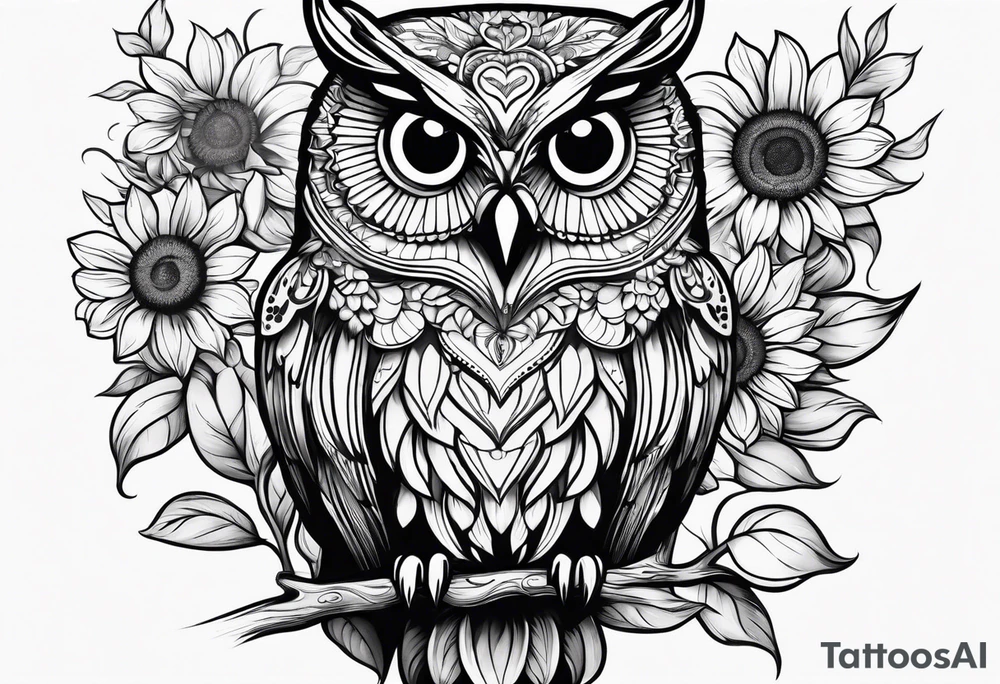 Black and white owl with sunflowers leg sleeve tattoo idea