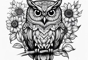 Black and white owl with sunflowers leg sleeve tattoo idea