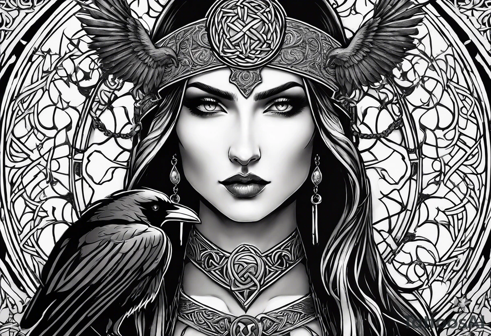 The morrigan, Irish goddess, raven, triple moon, battlefield, Celtic protection tattoo idea