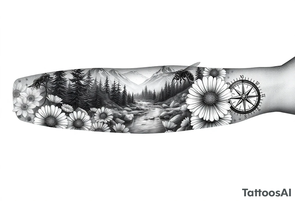 full arm black and white tattoo realistic nature landscape majestic river flowing down bright mountains trees, daisies, chrysanthemums a real bee on one flower a large compass on the forearm tattoo idea