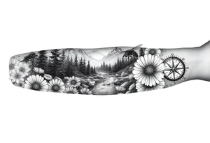 full arm black and white tattoo realistic nature landscape majestic river flowing down bright mountains trees, daisies, chrysanthemums a real bee on one flower a large compass on the forearm tattoo idea