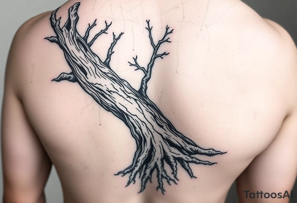 Entire arm tattooed like tree bark with roots at the bottom around the wrist and branches into three at the top by the shoulder tattoo idea