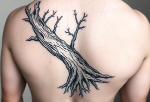 Entire arm tattooed like tree bark with roots at the bottom around the wrist and branches into three at the top by the shoulder tattoo idea