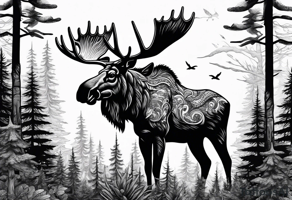 a psychedelic moose in the forest tattoo idea