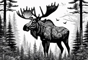 a psychedelic moose in the forest tattoo idea