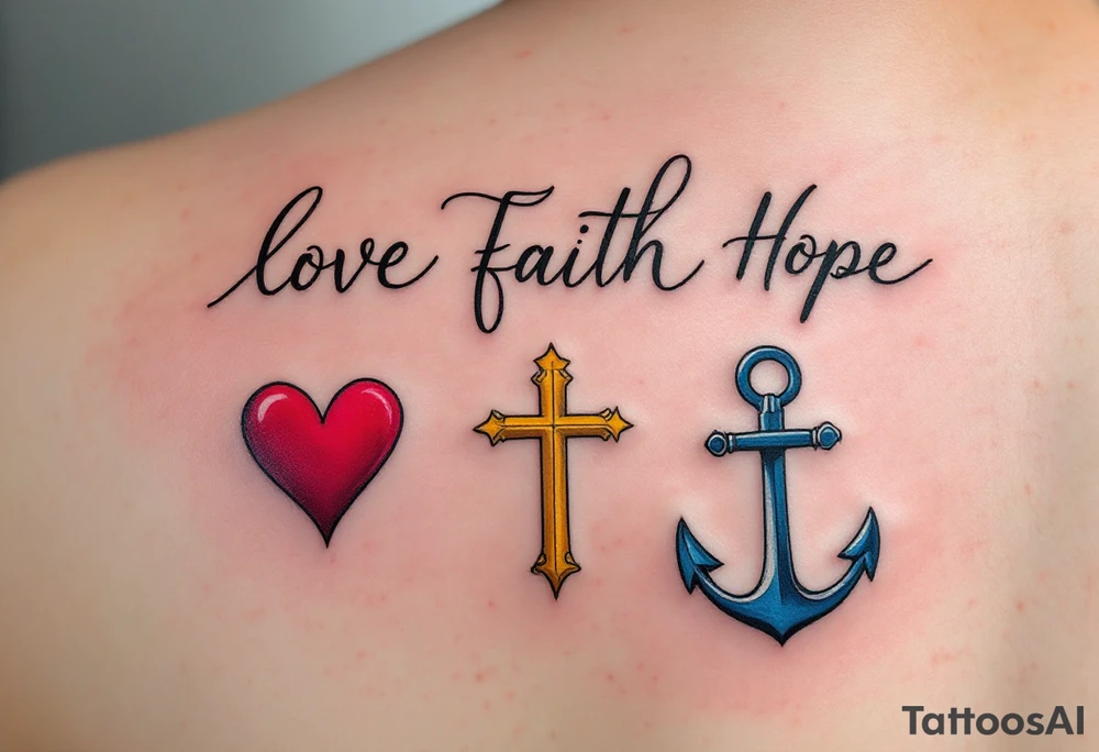 Fine-line black cursive love faith hope sitting above three matching symbols: a crimson heart, golden cross, and deep blue anchor. tattoo idea