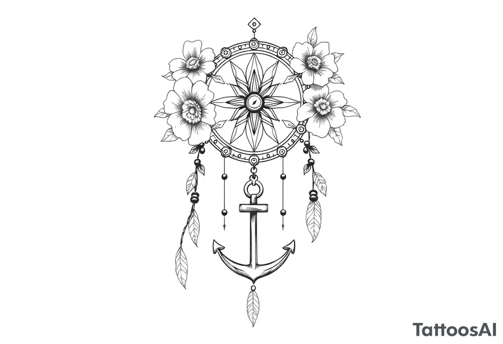 Boho dream catcher with compass and anchor Beautiful flowers and an ornamental chandelier like look tattoo idea