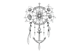 Boho dream catcher with compass and anchor Beautiful flowers and an ornamental chandelier like look tattoo idea