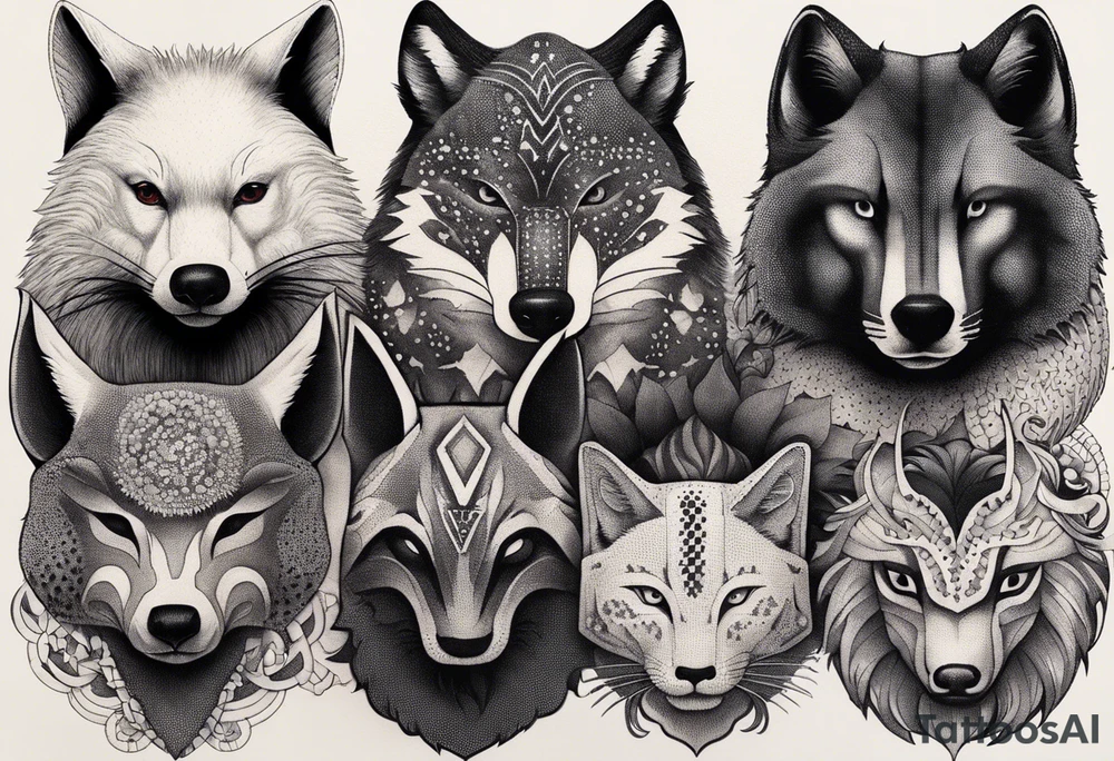 a super hero team which is combination of animals.
One is Badger/Wolverine, One is Bull, One is Wolf, One is Axolotl, One is Canary, One is Lizard, One is Cat tattoo idea