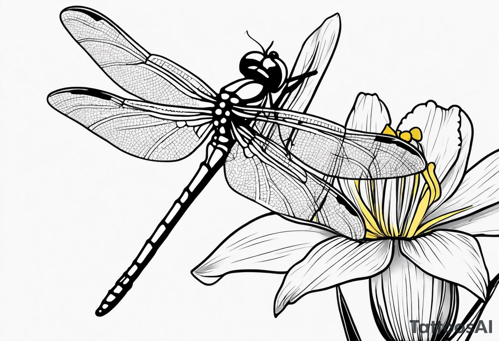 A minimalist mini size dragonfly perched on a daffodil flower. Let the daffodil flower be minimalist and have yellow lines. Let the stem of the flower extend downwards and instead of the stem write "muadil" in cursive tattoo idea