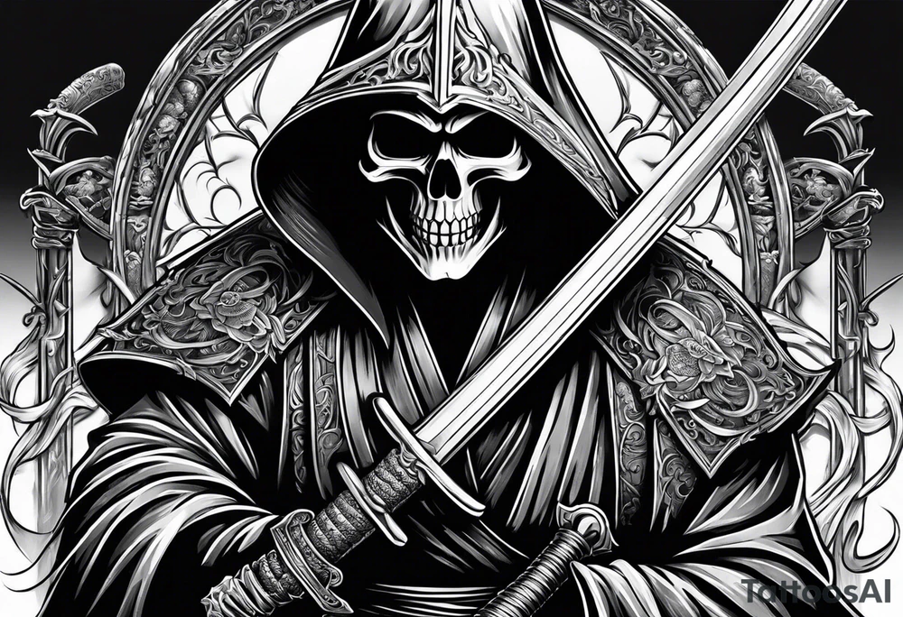 katana with grim reaper and skull tattoo idea