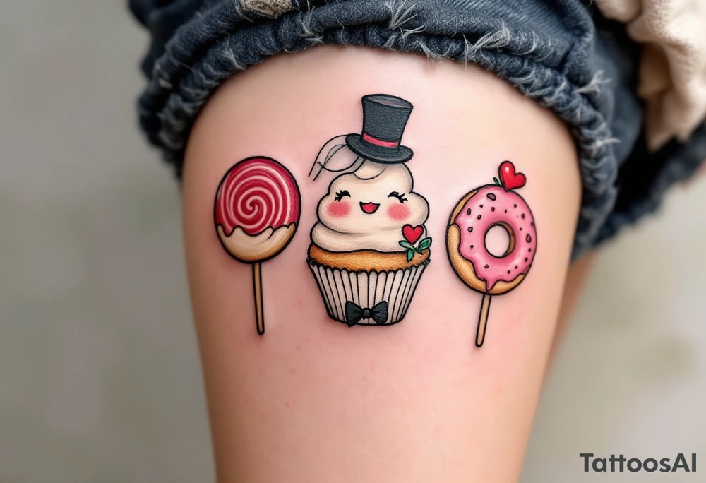 A playful cupcake, a lolipop, and a donut, each with a little top hat, veil, and bow tie, representing a sweet love story. tattoo idea