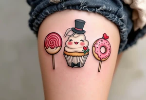 A playful cupcake, a lolipop, and a donut, each with a little top hat, veil, and bow tie, representing a sweet love story. tattoo idea