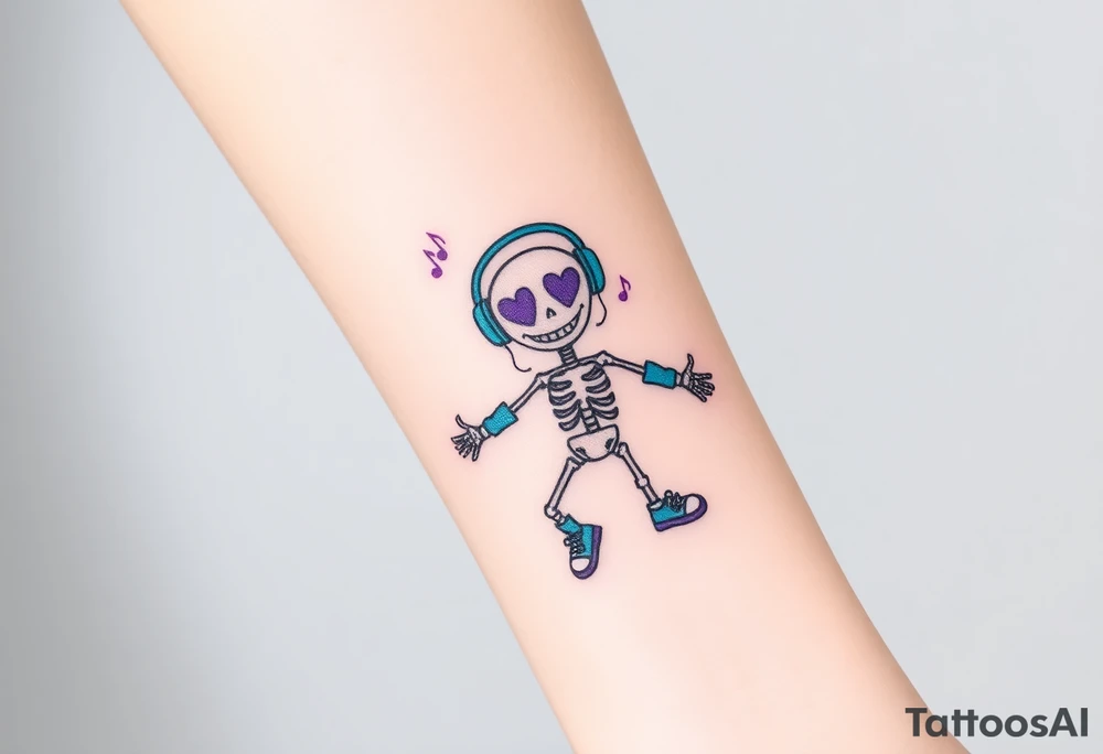 smiley skeleton with purple love shape in his eyes jumping on a jump rope with blue headphones and blue armbands and blue sneakers with colorful music notes around his head tattoo idea