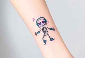 smiley skeleton with purple love shape in his eyes jumping on a jump rope with blue headphones and blue armbands and blue sneakers with colorful music notes around his head tattoo idea