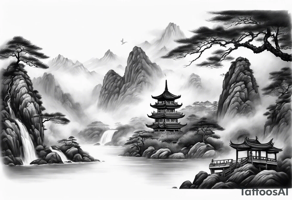 forearm sleeve traditional chinese art painting Chinese temple buddha wearing robes and drinking tea mountains mist fog waterfall tattoo idea
