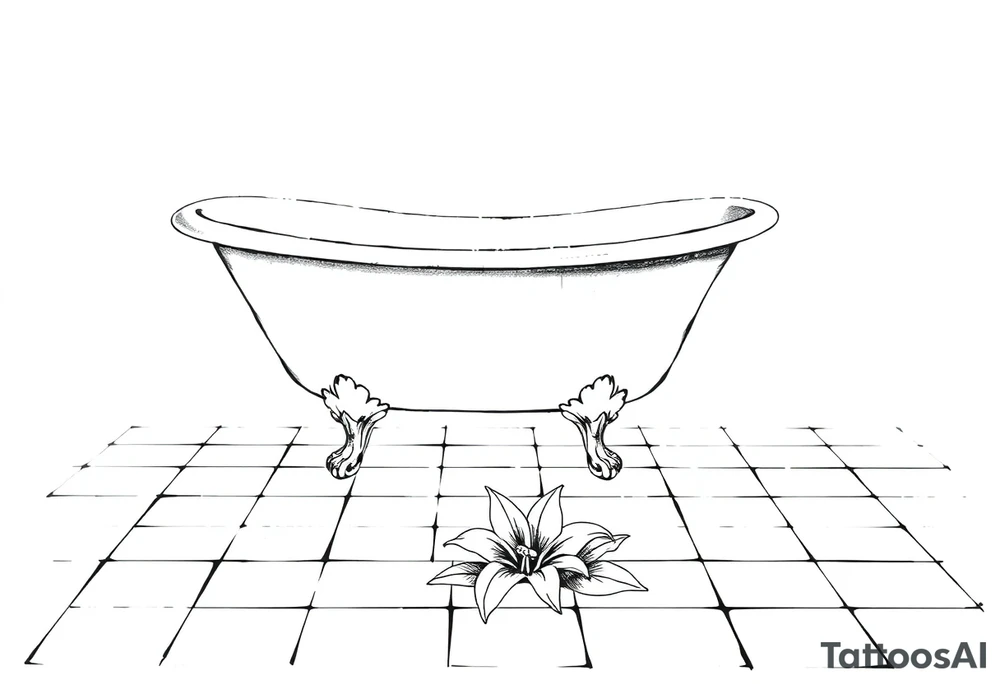 Clawfoot bathtub on tile floor with lily coming up from floor tattoo idea