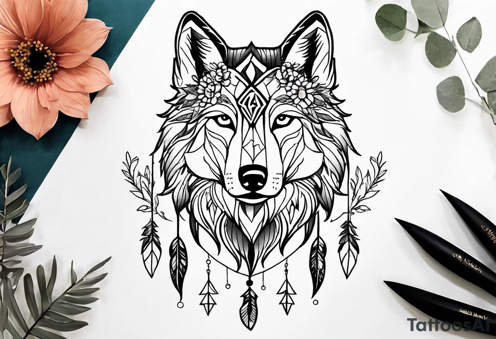 A whimsical wolf tattoo featuring mandala or dream catcher elements, with the wolf as the central focus, surrounded by mountains in the background. Include flowers and nature elements to fill the space around the wolf. tattoo idea
